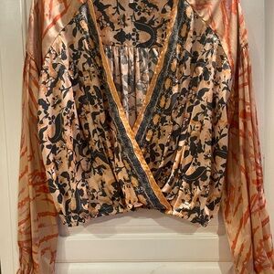 Floral V-Neck Blouse - Orange and Black